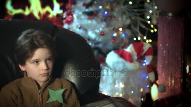 Christmas New Year Holiday Child Drinking Tea Fireplace — Stock Video