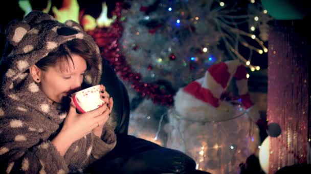Christmas New Year Holiday Girl Rob Drinking Coffee Fireplace — Stock Video