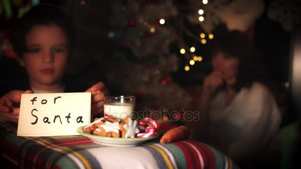 Natal Ano Novo Criança Férias Deixando Carta Biscoitos Para Santa — Vídeo de Stock