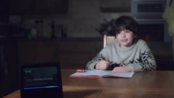 Jongen met behulp van de smart home-apparaat — Stockvideo