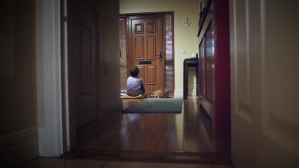 家の玄関のドア 悲しい犬とポストを待っている子供の ドリー — ストック動画