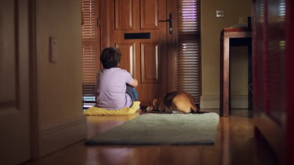 Dolly Puerta Principal Casa Perro Triste Niño Esperando Por Puesto — Vídeos de Stock