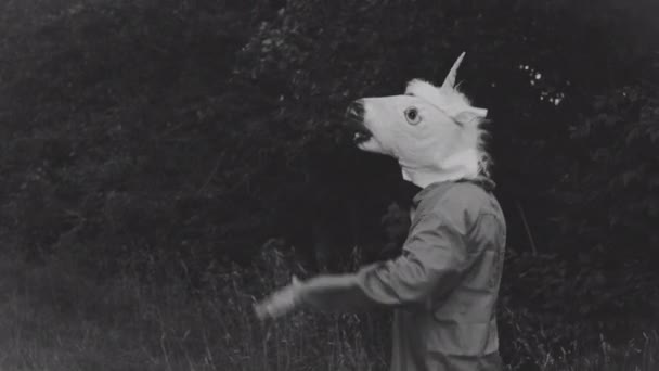 Grappig, man in unicorn masker — Stockvideo