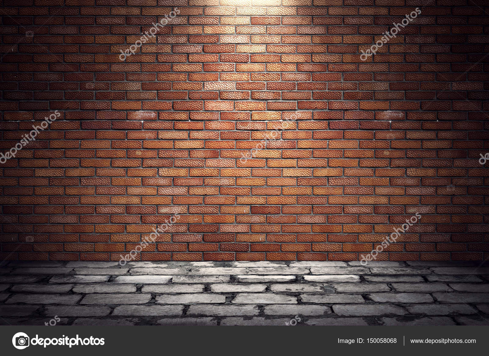 Empty Old Grungy Room With Red Brick Wall And Paving Stone