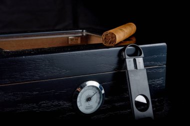 Puro bir humidor siyah bir arka plan üzerinde