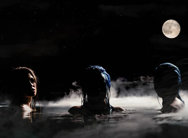 Sirens Night Two Mysterious Sirens Fog Covered Water Night Scene — Stock Photo, Image