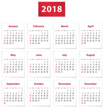 Beyaz arka plan üzerinde 2018 İngilizce takvim