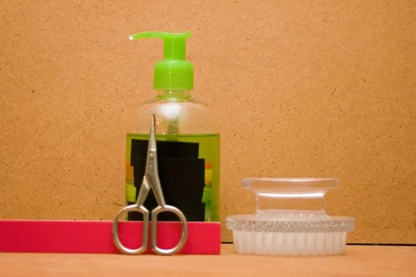 Hand soap and finger nail accessories. — Stock Photo, Image