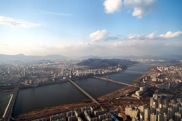 Seoul aerial cityscape panorama with river 스톡 사진