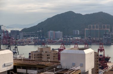 Container port wide river between Hong Kong industrial districts