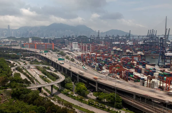 Container terminal overpass road at Hong Kong industrial district — ストック写真