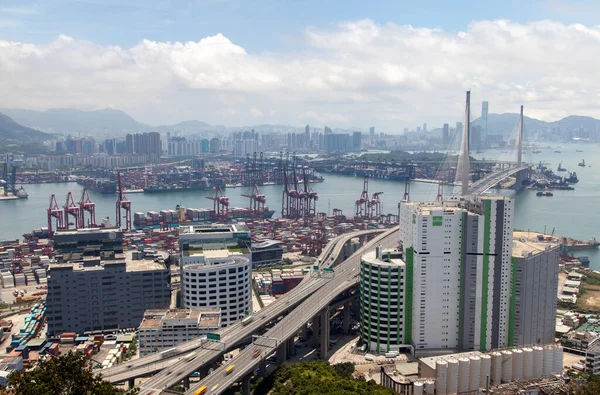 Container port modern Hong Kong industrial district with sea — ストック写真