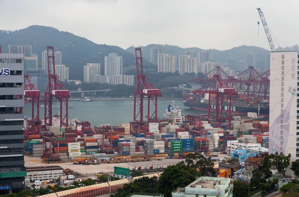 Konteynır limanı modern binalarla büyük Hong Kong limanı