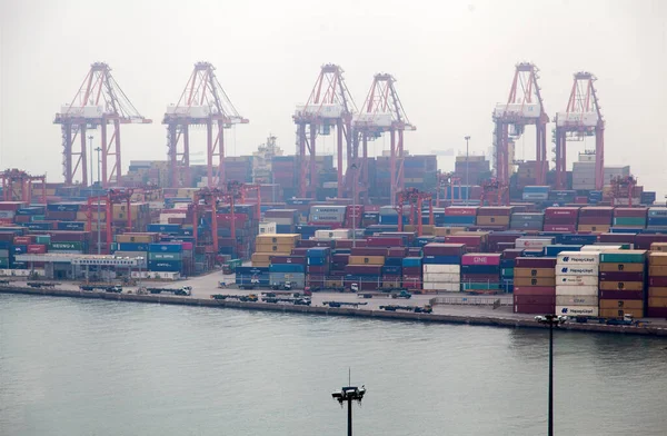 Shenzhen limanındaki konteyner terminalinde kamyonlar