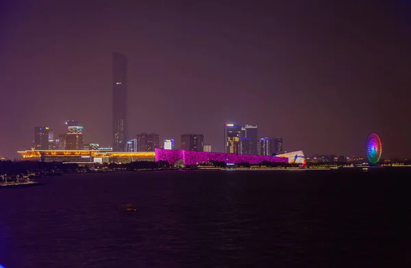Night Suzhou lights at Jinji Lake in Jiangsu China 