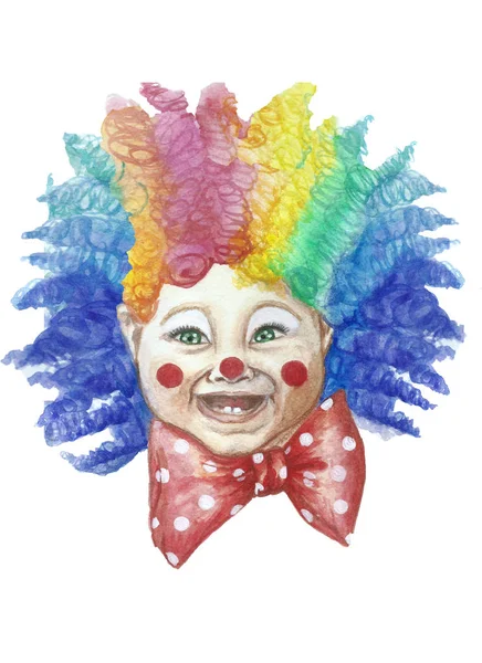 Aquarellzeichnung eines fröhlichen Kindes im Bild eines Clowns — Stockfoto