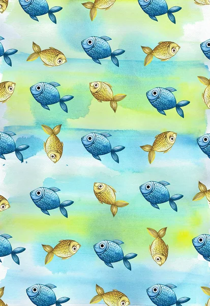 Boyalı suluboya arka plan ile çocuk mavi ve sarı balık küçük balık — Stok fotoğraf