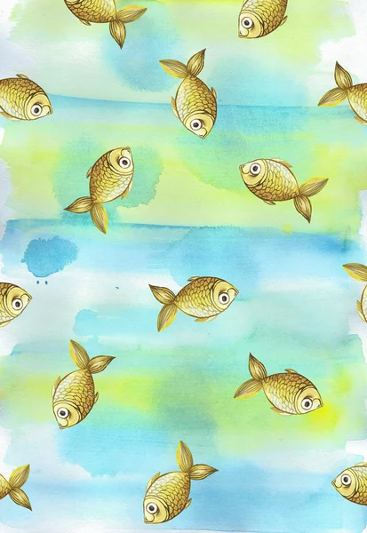 Fondo acuarela pintada con peces de tamaño pequeño de color amarillo dorado de los niños —  Fotos de Stock