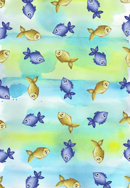 Pintado fondo acuarela con peces pequeños de color púrpura y amarillo para niños —  Fotos de Stock