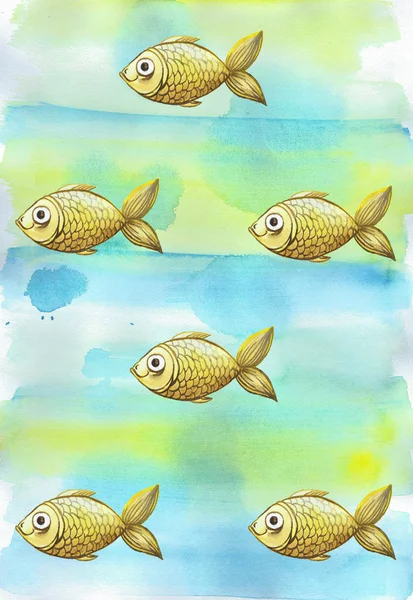Gemalter Aquarell-Hintergrund mit goldgelben Fischfischen für Kinder — Stockfoto