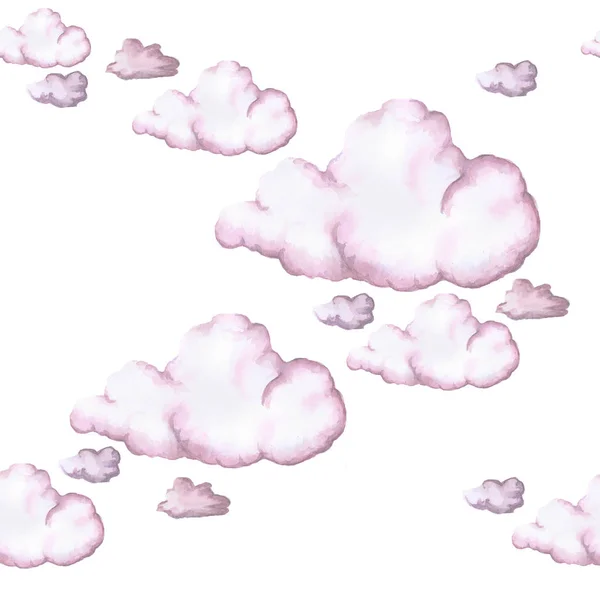 Акварель рисунок, бесшовный узор, голубые облака на белом фоне, большая картинка — стоковое фото