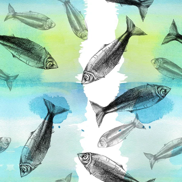 Ddrawing Dikişsiz desen arka plan ile balık ve suluboya arka plan, büyük desen — Stok fotoğraf