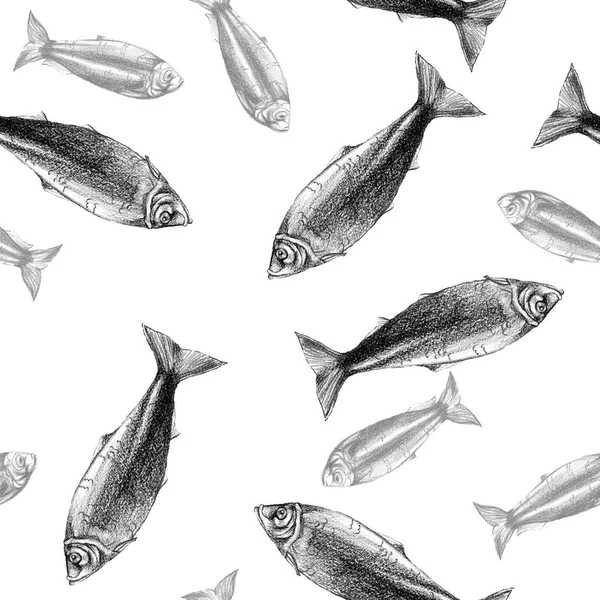 Balık ile Seamless Modeli arka plan beyaz zemin üzerine, büyük desen çizim — Stok fotoğraf