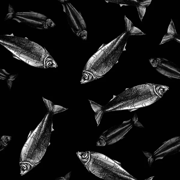 Dessin sans couture fond de motif avec du poisson et fond noir, grand motif — Photo