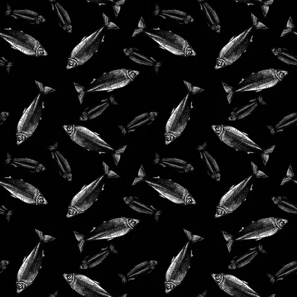 Seamless pattern with fish and black background, small pattern