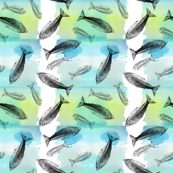 Seamless pattern background with fish and watercolor background, small pattern — Stock Photo, Image