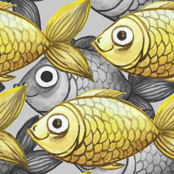 Sulu Boya Dikişsiz arka plan, Balık siyah beyaz sarı balık, büyük desen ile boyalı — Stok fotoğraf