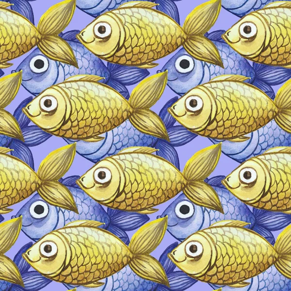 Sulu Boya Dikişsiz arka plan, sarı ve mor balık, büyük desen — Stok fotoğraf