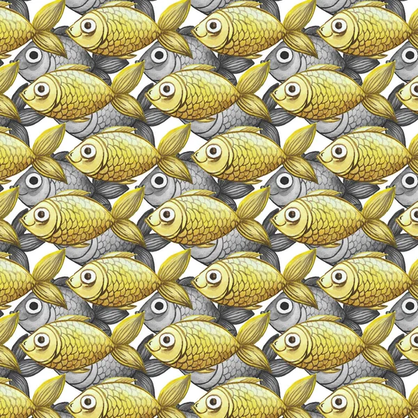 Sulu Boya Dikişsiz arka plan, Balık siyah beyaz sarı balık, büyük desen ile boyalı — Stok fotoğraf
