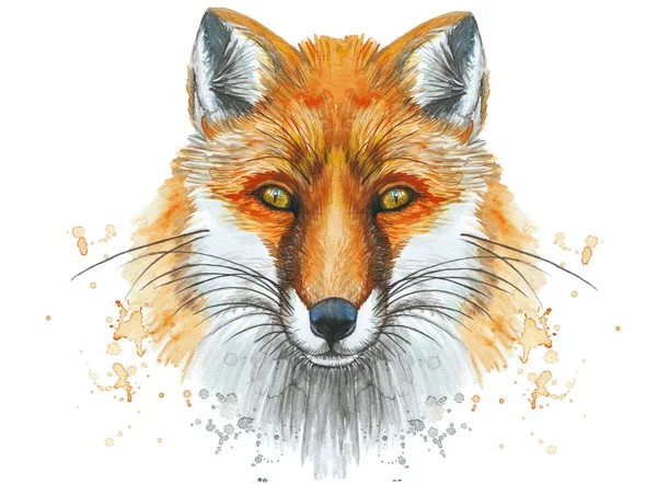 Aquarell-Illustration eines Fuchsporträts, eines roten Fuchses, der mit Wasser- und Farbschlieren bemalt ist, spritzt um die Schnauze herum, mit großen gelben Augen im Profil, die für Druck und Gestaltung richtig ausradiert werden. — Stockfoto