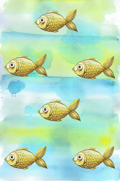 Gemalter Aquarell-Hintergrund eines blauen Farbtons mit kleinen gelben Goldfischen — Stockvektor