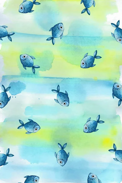 Küçük mavi mavi balık ile mavi bir renk suluboya arka plan boyalı, Balık — Stok Vektör