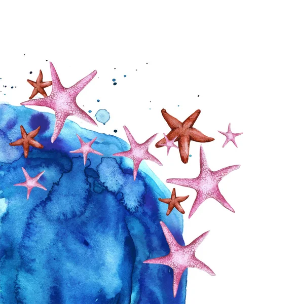Закрашенный акварельный фон с морской звездой и синей волной — стоковый вектор