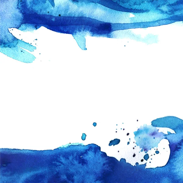 Раскрашенный акварельный фон, синяя волна, всплески, разводы, рамка на белом фоне для дизайна, декора — стоковый вектор