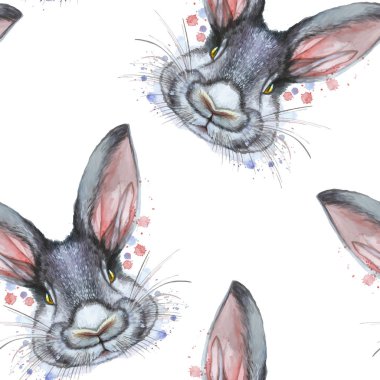 Sulu Boya Dikişsiz desen portre beyaz bir arka plan üzerinde yatak renklerde bir memeli hayvan tavşan tavşan ile boyalı çizim