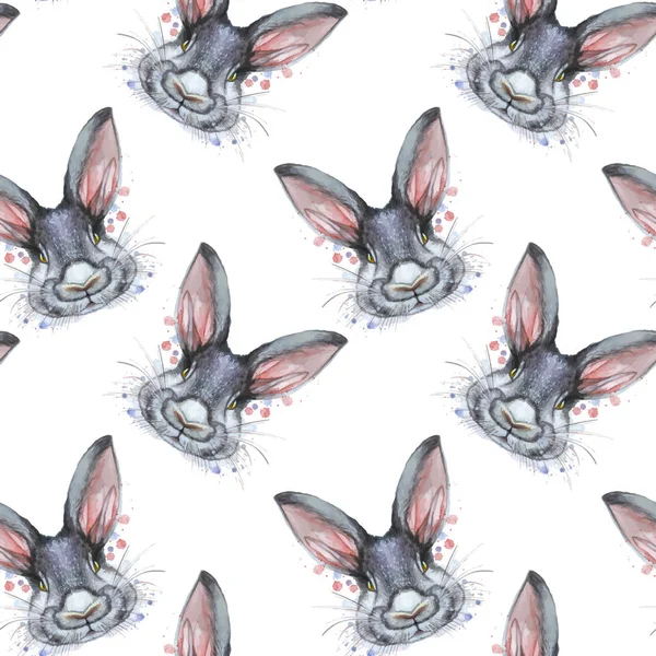 Painted drawing with watercolor seamless pattern portrait of an animal mammal rabbit hare in bed colors on a white background