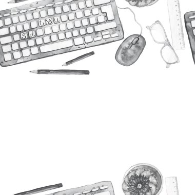  Sorunsuz arka plan deseni nesnelerinin boyalı suluboya Ofis ekipmanları, araçlar, worktable bir Tema 1 Eylül, eğitim, bilgi, siyah ve beyaz beyaz arka plan Üstten Görünüm