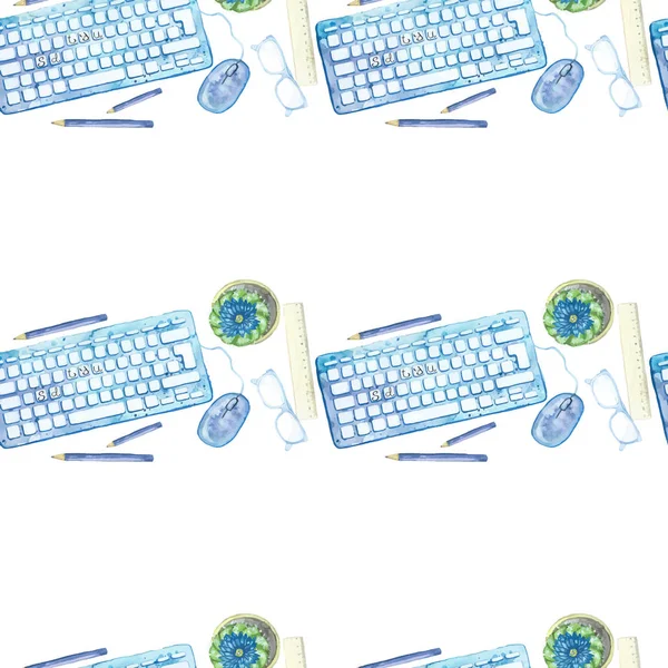  Sorunsuz arka plan deseni nesnelerinin suluboya Ofis ekipmanları, araçlar, masaüstü bir tema üzerine 1 Eylül boyalı, eğitim, bilgi, beyaz arka plan Üstten Görünüm