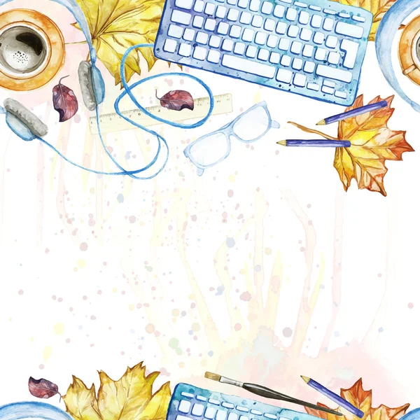 Sömlös bakgrundsmönster av objekt målade akvarell kontorsutrustning, verktyg, Arbetsbord, gula löv lönnlöv, på ett tema 1 September, studera, kunskap, på en vit bakgrund ovanifrån — Stock vektor