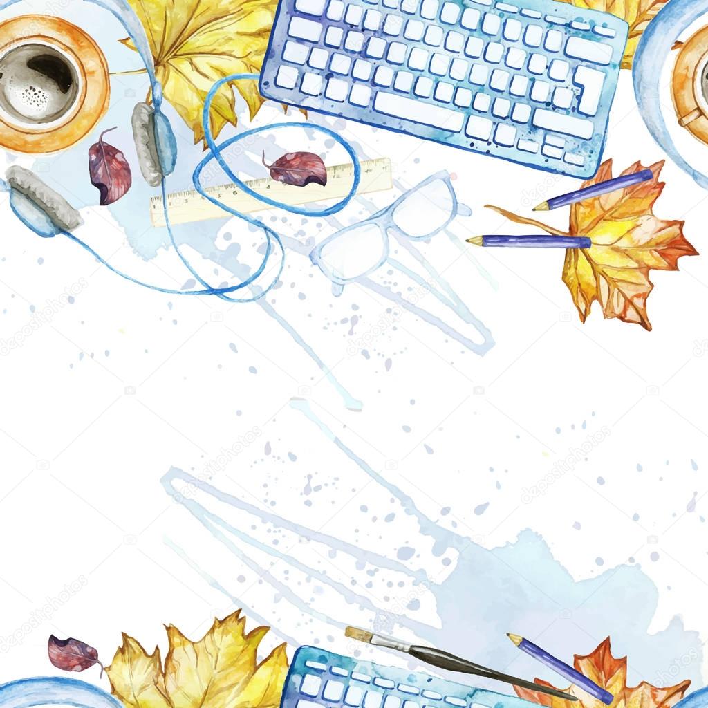 Seamless background pattern of objects painted watercolor office equipment, tools, worktable, yellow leaves, maple leaf, on a theme September 1, study, knowledge, on a white background top view 