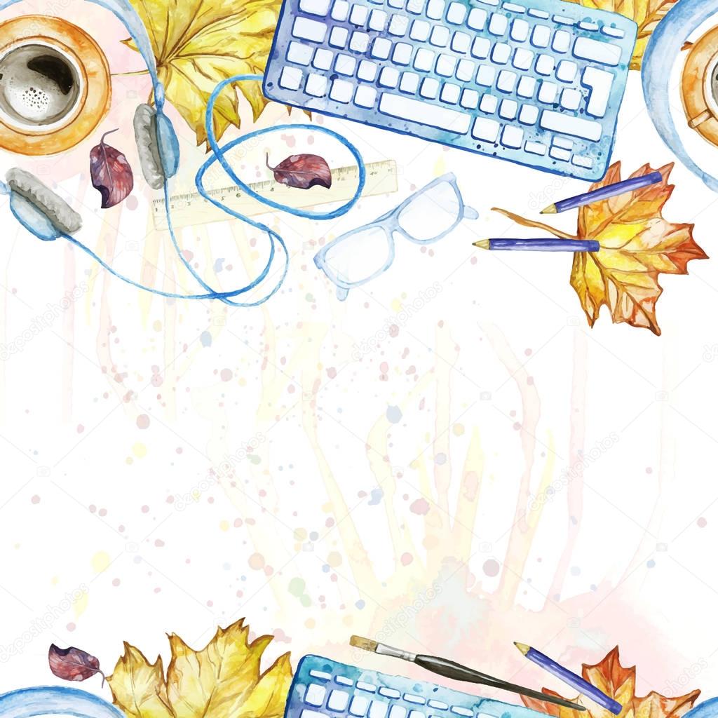 Seamless background pattern of objects painted watercolor office equipment, tools, worktable, yellow leaves, maple leaf, on a theme September 1, study, knowledge, on a white background top view 