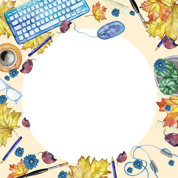 Watercolor background with objects for study and knowledge top view, with a round frame in the middle of white, a pattern for the decor by September 1 — Stock Vector