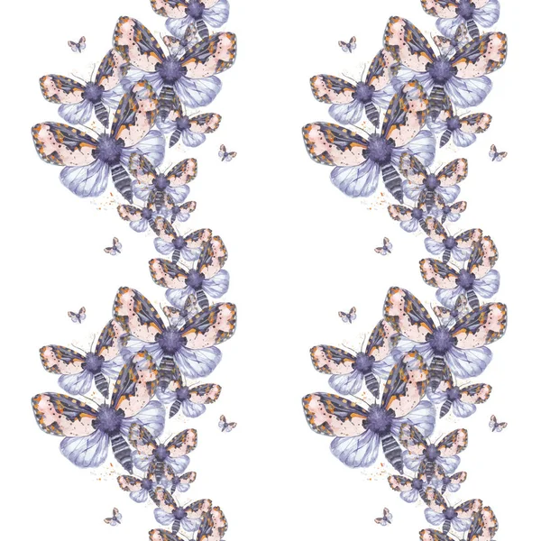 Desenho pintado aquarela shaggy borboleta ursinho sem costura fundo, coloração brilhante, torso grosso, borboleta noturna no fundo branco com salpicos em tons serenos, para decoração, impressões —  Vetores de Stock
