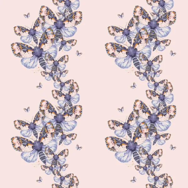 Dibujo pintado acuarela mariposa peluda osito de peluche fondo sin costuras, colores brillantes, torso grueso, mariposa de noche sobre un fondo rosa cama con salpicaduras en tonos serenos, para la decoración, impresiones — Vector de stock