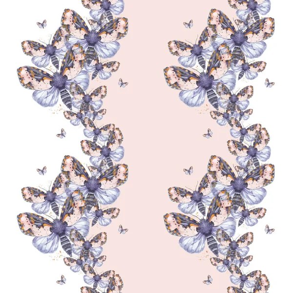 Desenho pintado aquarela shaggy borboleta ursinho sem costura fundo, coloração brilhante, torso grosso, borboleta noturna em uma cama de fundo rosa com salpicos em tons serenos, para decoração, impressões —  Vetores de Stock