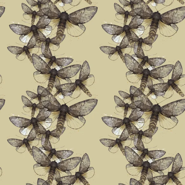 Акварельний малюнок безшовний фон пухнастого метелика, нічний метелик, коричневий колір, світло крил з плямами на кольоровому фоні для прикраси, друк — стоковий вектор